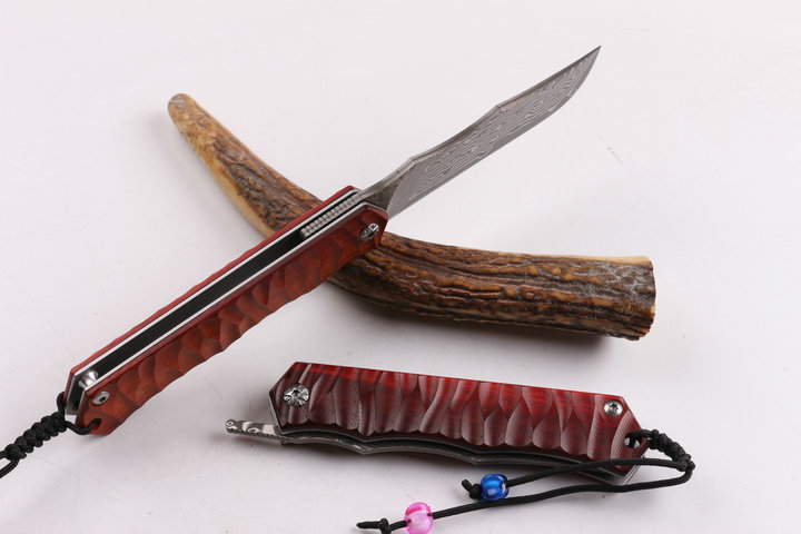 Red Wave Damascus steel blade material no lock folding knife UD404436